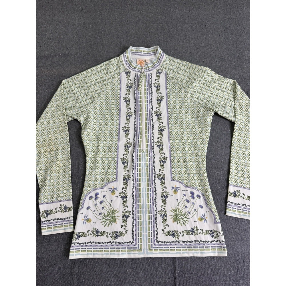 TORY BURCH Talia Botanical Printed Stretch Long Sleeve Quarter Zip Size S - Picture 2 of 8